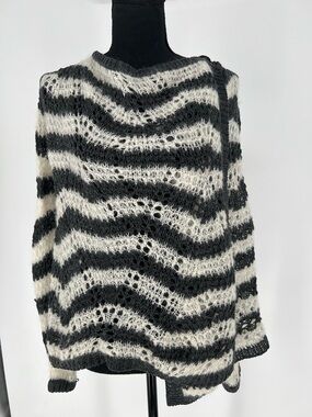 ANTHROPOLOGIE GUINEVERE Open-Knit Striped Black and White WOOL BLEND Sweater